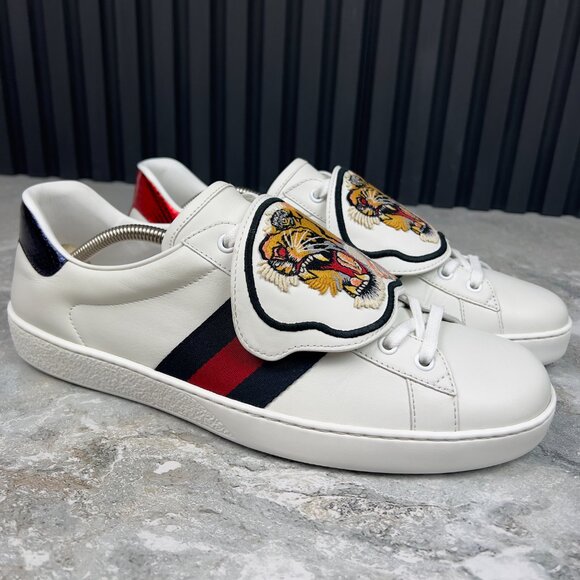 Gucci Ace Web Tiger Sneaker Patch White Leather Python 10 G or 10.5 US 44 EUR - Picture 8 of 14